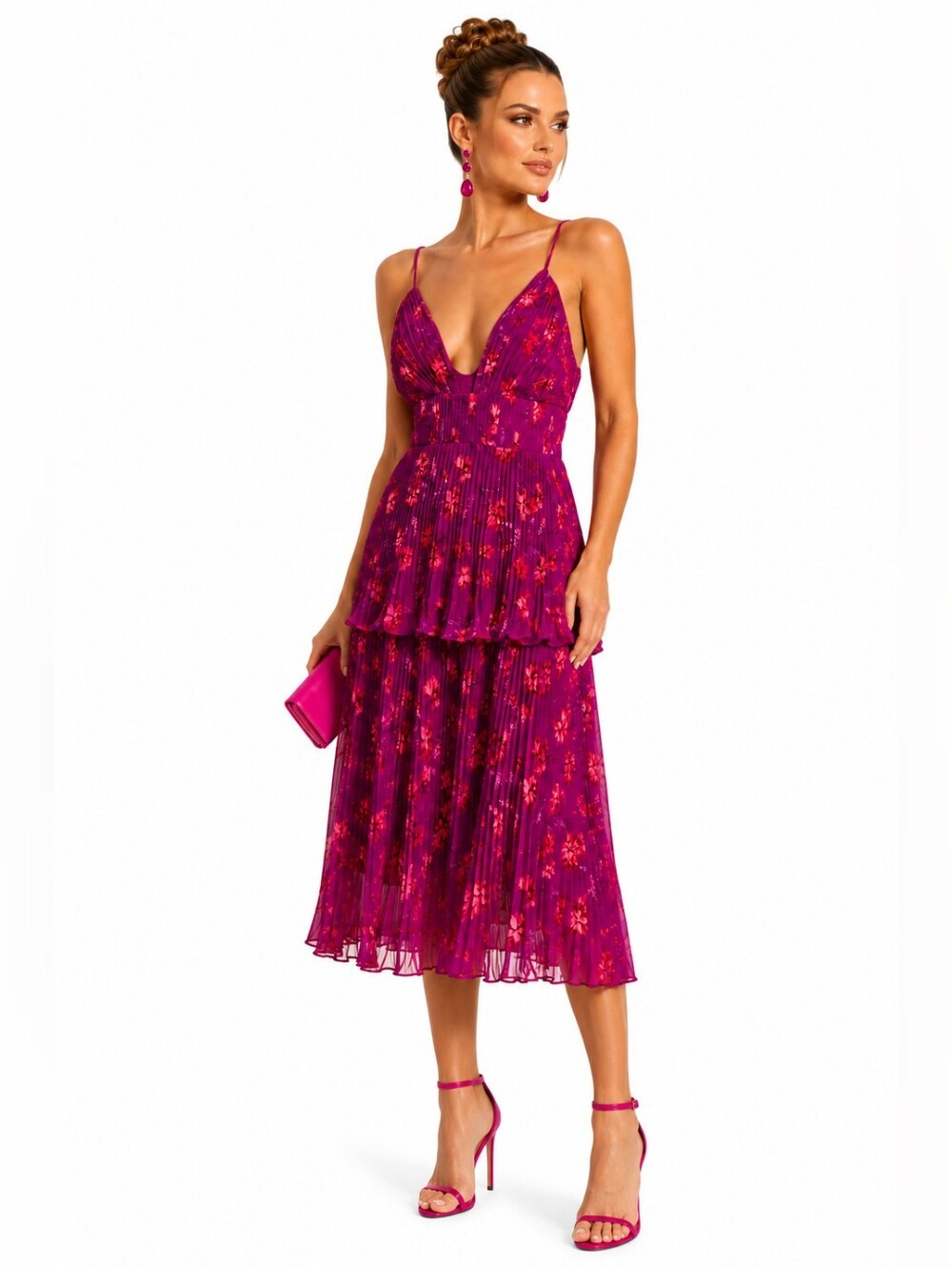 AMUR Catarina Pleated Floral Midi Dress Purple Bougainvillea NWT Size 10